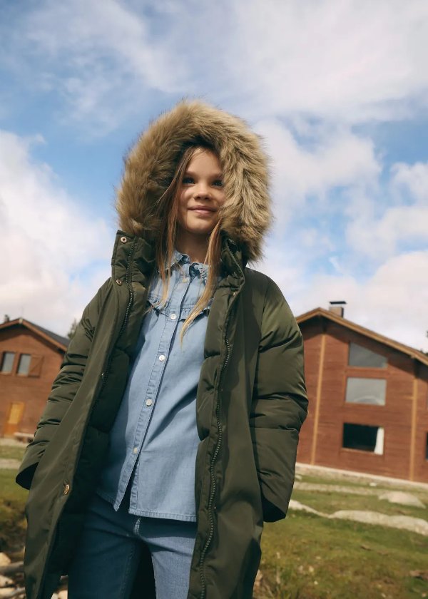Faux fur hood coat - Girls | Mango Kids USA