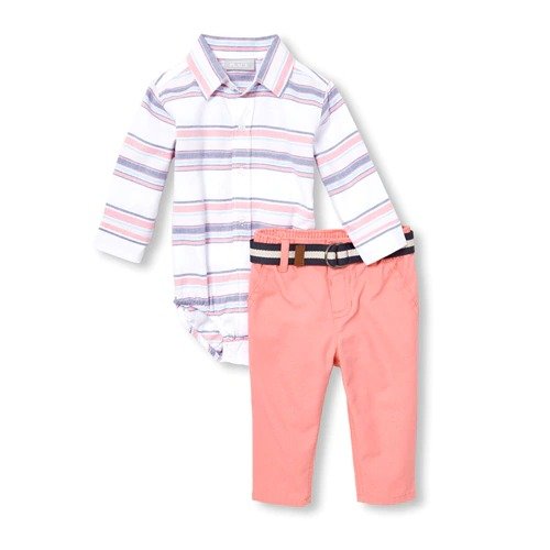 Baby Boys Long Sleeve Striped Oxford Button Down Bodysuit And Belted Woven Chino Pants Set