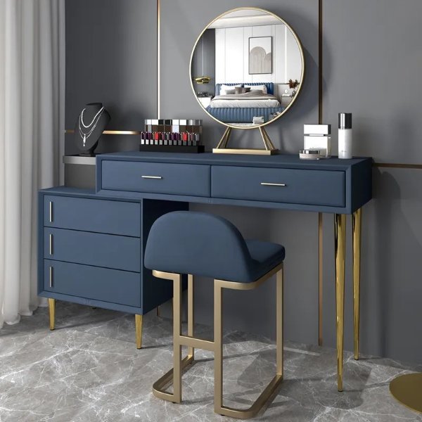 Modern Blue Makeup Vanity Set Retracted Dressing Table Cabinet&Stool&Mirror Included-Homary