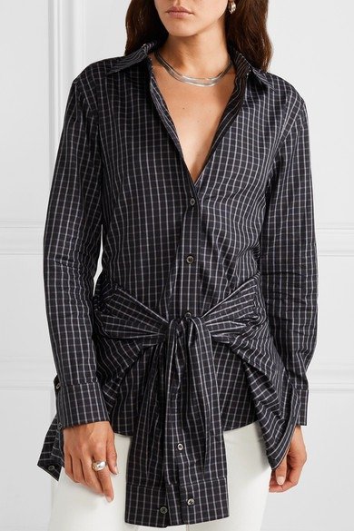 Layered tie-front checked poplin shirt