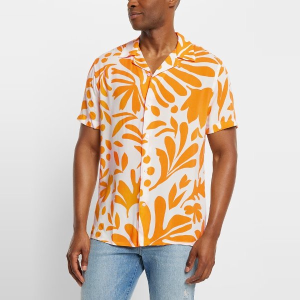 Abstract Leaf Print Rayon Short Sleeve Shirt