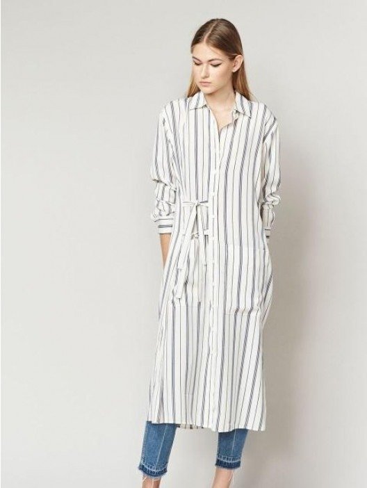 Striped Long Sleeve Buttondown Shirt Dress - Ivory