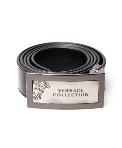 男士Versace复古Logo皮革腰带 - 黑色