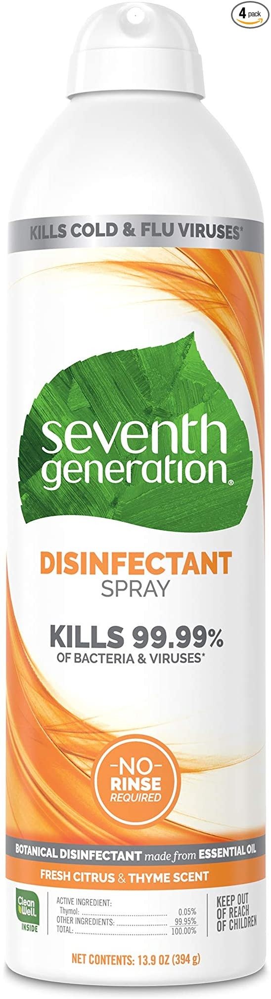 Seventh Generation Disinfectant Spray, Fresh Citrus & Thyme Scent, 13.9 Oz, Pack of 4