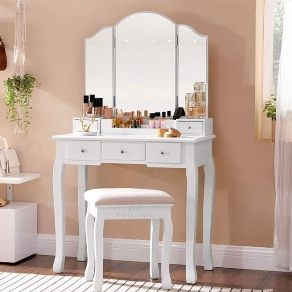 VASAGLE Makeup Vanity Set, Makeup Dressing Table Set with Tri-Folding Mirror, Makeup Table with 5 Drawers and 1 Removable Storage Box, Solid Wood Legs, Cushioned Stool, White URDT28WT