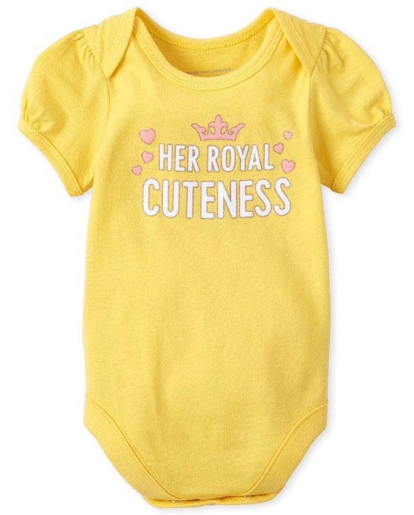 Baby Girls Short Sleeve Glitter 'Her Royal Cuteness' Graphic Bodysuit