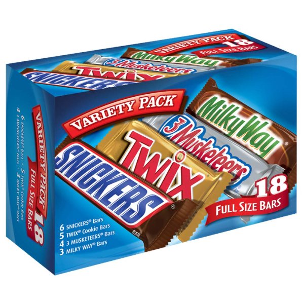 SNICKERS, TWIX, 3 MUSKETEERS & MILKY WAY Full Size Candy Bars, Great for Stocking Stuffers, 18 Count