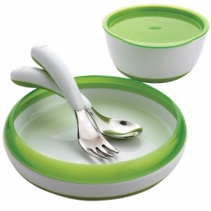 OXO tot Feeding Set, 4 pc. (Fork, Spoon, Plate, Large Bowl) Green