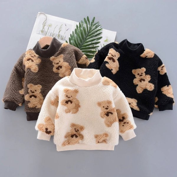 Toddler Girl/Boy Bear Print Mock Neck Fuzzy Sweater