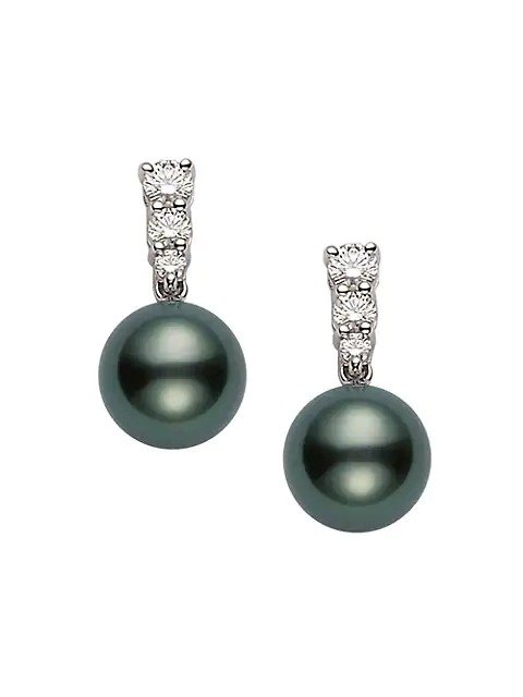 Morning Dew 18K White Gold, 9MM Black Cultured South Sea Pearl & Diaond Drop Earrings