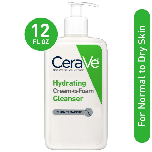 Hydrating Cream-to-Foam Cleanser, Makeup Remover and Face Wash with Hyaluronic Acid, Fragrance Free, 12 fl oz