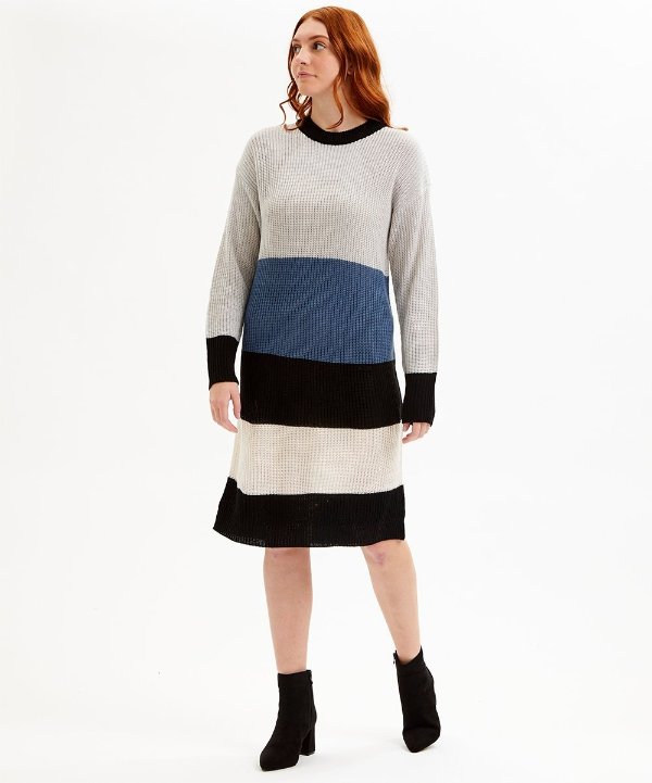 Dark Blue & White Stripe Shaker-Stitch Sweater Dress - Women & Plus