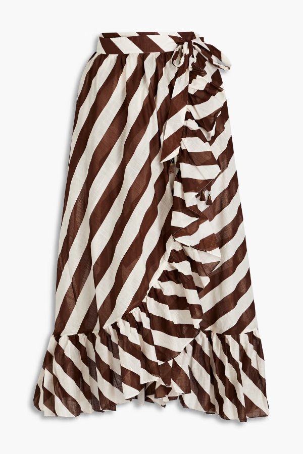 Lulu gathered striped cotton-voile midi wrap skirt