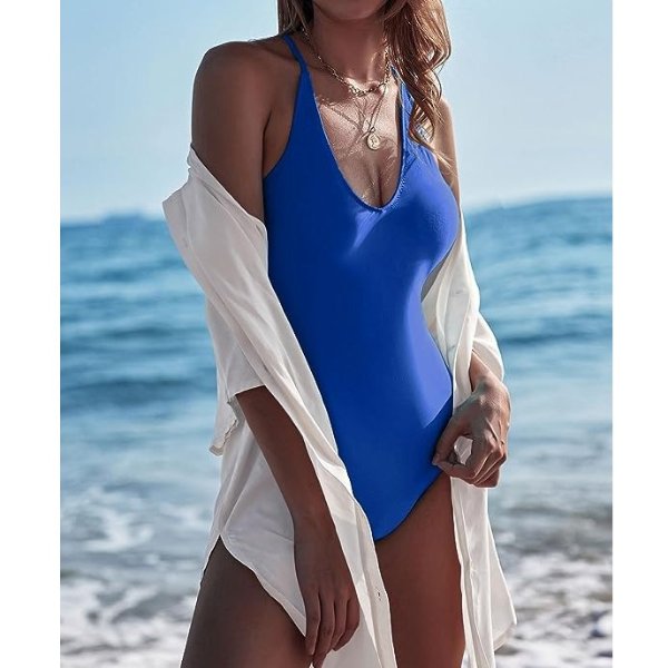 Womens One Piece Swimsuits V Neck Bathing Suit Cross Backless Swimming Suits Lace Up Swimwear S-XXL