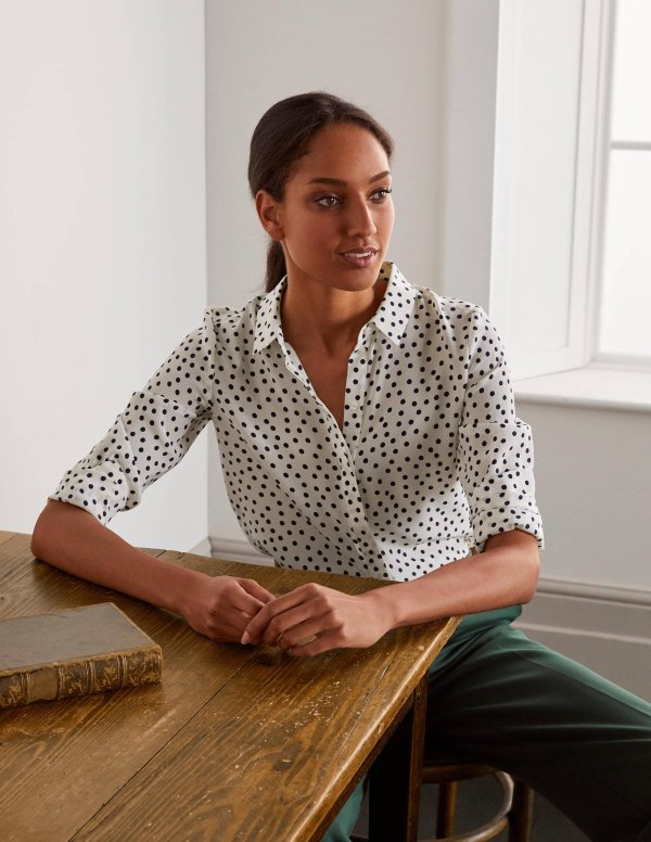 The Silk Shirt - Ivory and Navy, Dot | Boden US