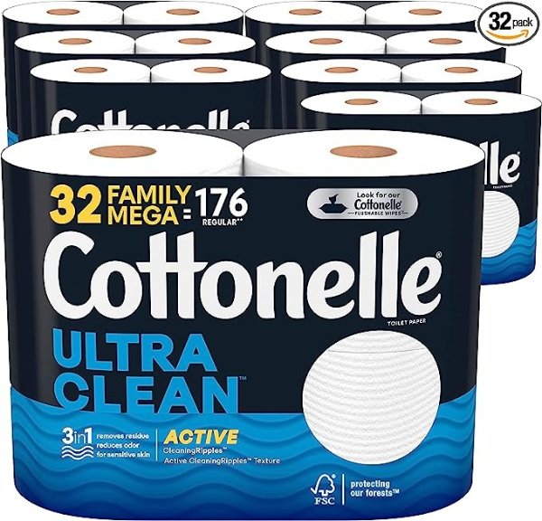 Ultra Clean Toilet Paper with Active CleaningRipples Texture, Strong Bath Tissue, 32 Family Mega Rolls (32 Family Mega Rolls = 176 Regular Rolls) (8 Packs of 4), 388 Sheets per Roll White