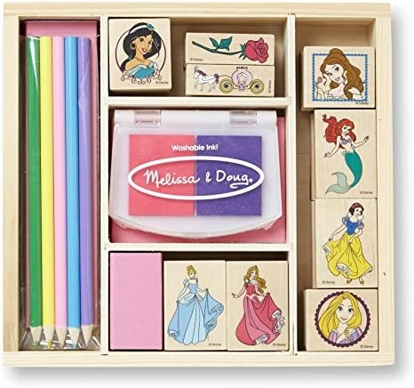 Melissa & Doug Disney Princess Wooden Stamp Set: 9 Stamps, 5 Colored Pencils, and 2-Color Stamp Pad