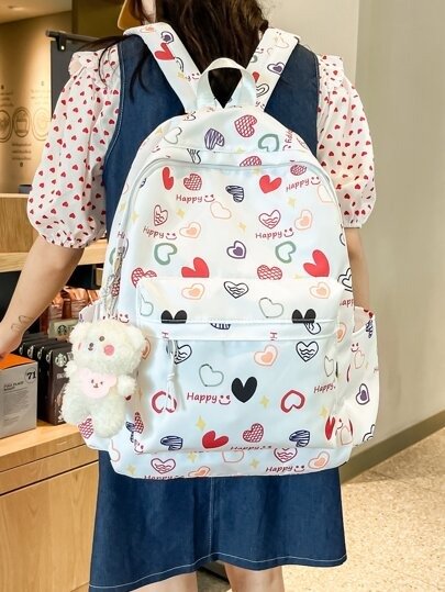 Heart & Letter Graphic Functional Backpack With Cartoon Bag Charm