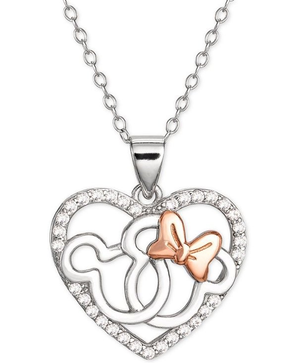 Cubic Zirconia Interlocking Mickey & Minnie Heart 18" Pendant Necklace in Sterling Silver & 18k Rose Gold-Plate