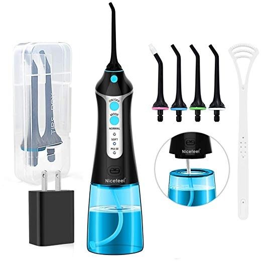 Cordless Water Flosser Oral Irrigator, Nicefeel 300ML 2 Tip Case Portable and Rechargeable Water Flossing for Travel, IPX7 Waterproof 3 Mode Teeth Cleaner with Tongue Cleaner, 4 Jet Tips for Home