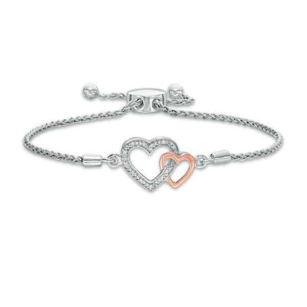 Diamond Accent Interlocking Hearts Bolo Bracelet in Sterling Silver and 10K Rose Gold - 9.5&quot;|Zales