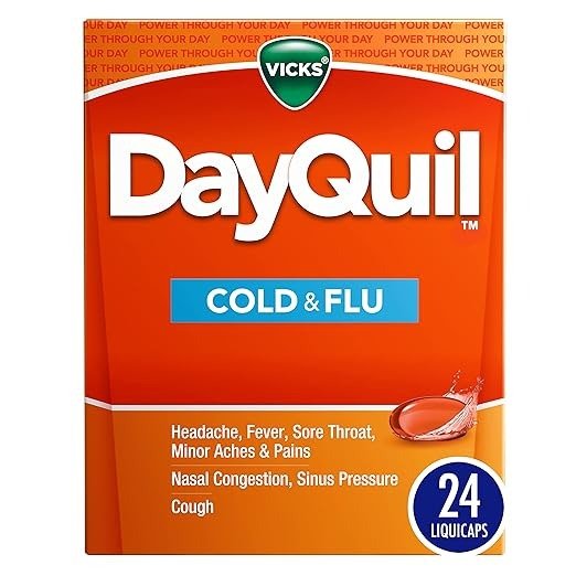 DayQuil Cold & Flu Medicine, Non-Drowsy Powerful Multi-Symptom Daytime Relief For Headache, Fever, Sore Throat, Minor Aches And Pains, Nasal Congestion, Sinus Pressure and Cough, 24 Liquicaps