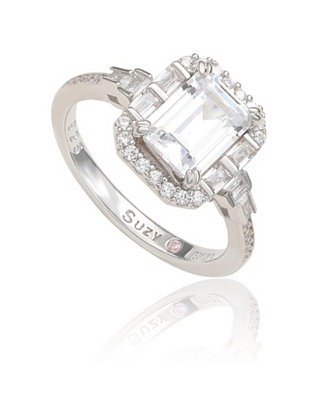 Suzy Levian Sterling Silver Emerald Cut Cubic Zirconia Multi-Cut Engagement Ring