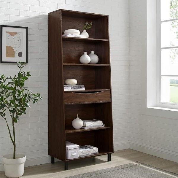 Norwood Modern 4-Shelf Bookcase with Drawer, Dark Brown