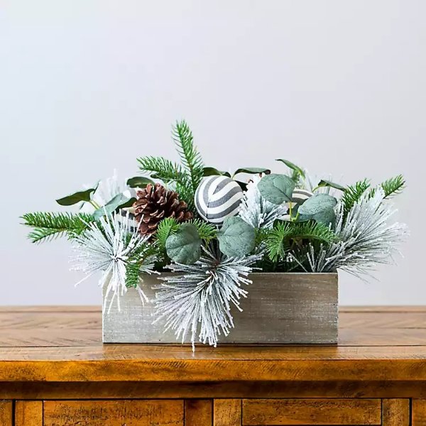 Striped Ornament and Greenery Crate Centerpiece