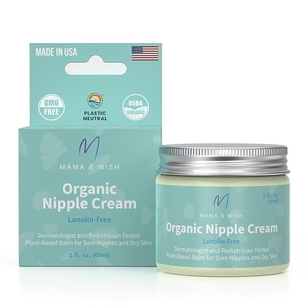 Mama & Wish Organic Nipple Cream - Breastfeeding Balm | Lanolin-free, Postpartum Essentials Safe for Nursing, Non-GMO (2 oz)
