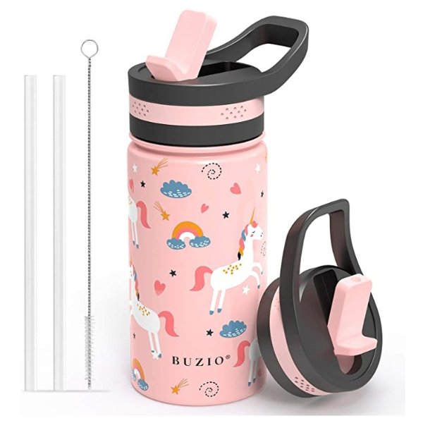 Insulated Water Bottle for Kids, Modern Vacuum Insulated Hydro Bottle with 2 Straw Lids, 14oz Double Walled Wide Mouth Sports Drink Flask with Pink Unicorn Patterns, Simple Thermo Canteen Mug