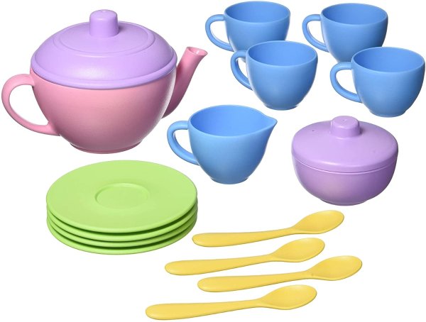 Toys Tea Set, Pink 4C - 17 Piece Pretend Play, Motor Skills, Language & Communication Kids Role Play Toy. No BPA, phthalates, PVC. Dishwasher Safe, Recycled Plastic, Made in USA.