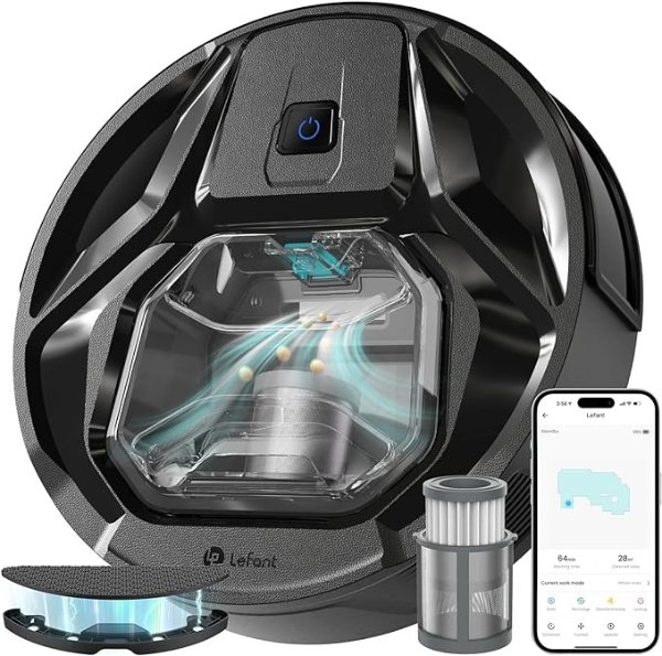 M320 Robot Vacuum and Mop Combo, 6000Pa Strong Suction Robotic Vacuum Cleaner, 240 Mins Runtime, Self-Charging, Visible 800ML Dustbin, Works with Alexa, Ideal for Pet Hair, Black