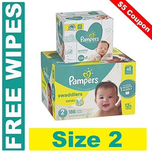 Swaddlers Disposable Baby Diapers Size 2, 186 Count and Baby Wipes Sensitive Pop-Top Packs, 336 Count PLUS LIMITED TIME FREE BONUS WIPES