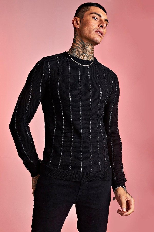 Muscle Fit Crew Neck Knitted Jumper with Metallic Ribbing 