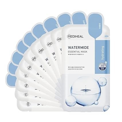 Mediheal Best Korean Sheet Mask - Watermide Essential Face Mask 10 Sheets For All Skin Types Korean Best Sheet Mask Hydrating Moisturizing with Water 3x Complex