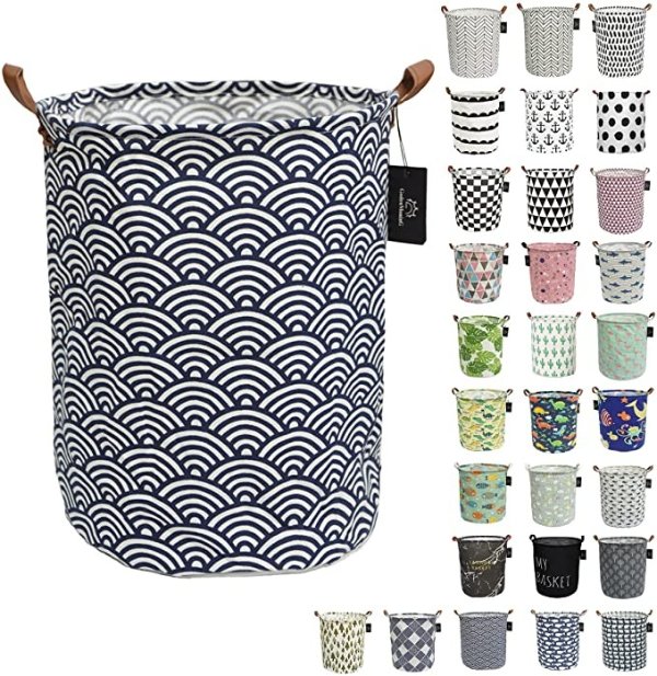 laundry baskets,bedroom hamper,kitchen organization,Waterproof Round Cotton Linen Collapsible storage basket. (Blue Waves)