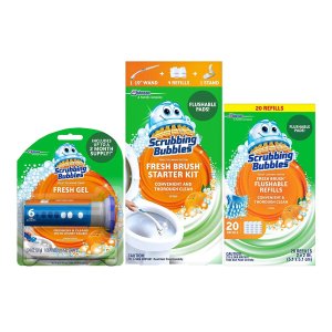 Scrubbing Bubbles Fresh Brush Starter, 1 Pack + Fresh Brush Refills, Citrus, 1 Pack + Fresh Gel Toilet Cleaning Stamp, Citrus, 1 Pack
