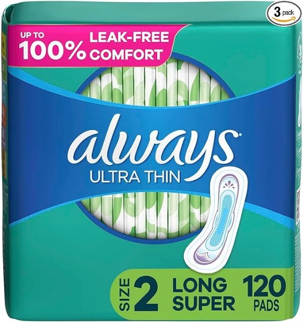Ultra Thin Feminine Pads for Women, Size 2, Super Absorbency, Unscented, 40 Count - Pack of 3 (120 Count Total) (Packaging May Vary)