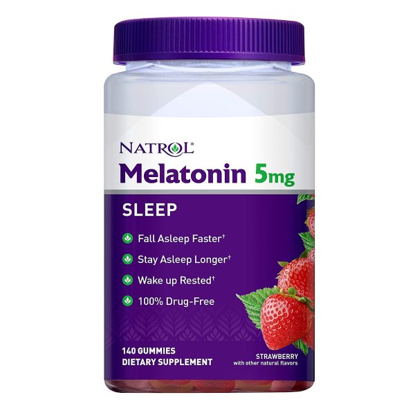 Melatonin Sleep Aid Gummy, Dietary Supplement, Fall Asleep Faster, Stay Asleep Longer, Drug Free and Gelatin Free, 5mg, 140 Strawberry Flavored
