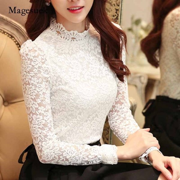 9.37US $ 34% OFF|Fashion 2021 Plus Size Lace Crocheted Hollow Out Top Stand-up Collar White Blouse Woman Sweet Long Sleeve Shirts Blusas 1695 - Blouses & Shirts - AliExpress