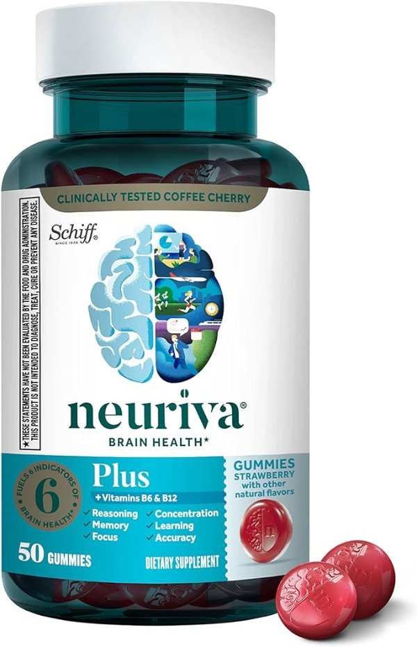 Nootropic Brain Support Supplement - NEURIVA Plus Strawberry Gummies (50 Count in a Bottle) Phosphatidylserine, B6, B12 - Supports Focus, Memory, Learning, Accuracy, Concentration & Reasoning