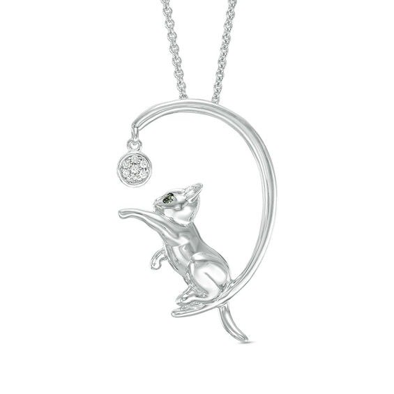 Enhanced Black and White Diamond Accent Cat with Ball Pendant in Sterling Silver|Zales