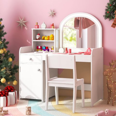 Costzon Kids Vanity with Lights, 2 in 1 Princess Makeup Desk & Chair Set