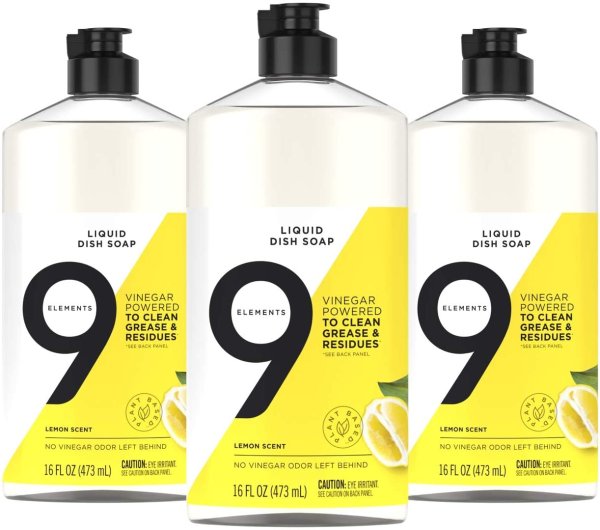 9 Elements Dishwashing Liquid Dish Soap, Lemon Scent Cleaner, 16 oz Bottles (Pack of 3)