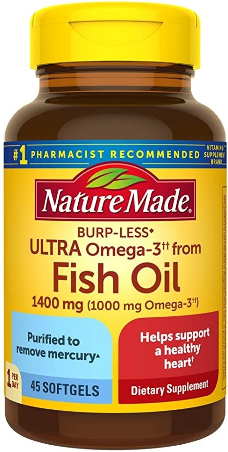 Made Fish Oil Burp-Less Ultra Omega 3 1400 mg One Per Day, 45 Softgels, Fish Oil Omega 3 Supplement For Heart, Brain, and Eye Health