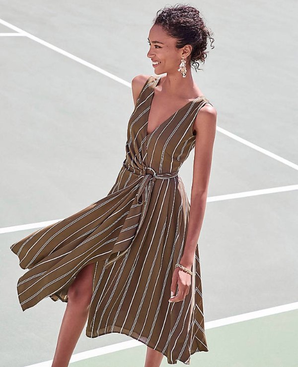 Stripe Belted Wrap Dress | Ann Taylor
