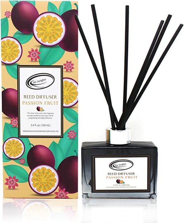 Air Jungles Passion Fruit Fragrances Reed Diffuser Set with Sticks, Scent Incense Oil, Essential Oil Air Freshener for Home, Office, Gym, and Room Diffuser, 3.4 fl. oz
