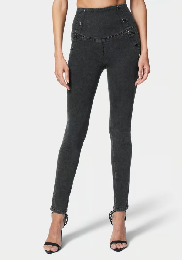 High Waisted Button Detail Skinny Jeans