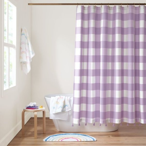 Gap Home Kids Large Gingham Organic Cotton Shower Curtain with Tassels, Lavender, 72"x72"